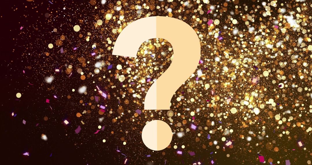 Glittering Confetti with Large Question Mark on Dark Background