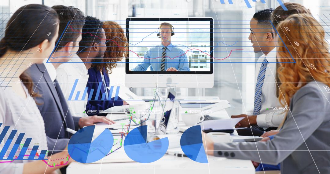 Business Team in Virtual Meeting Analyzing Global Data Interfaces