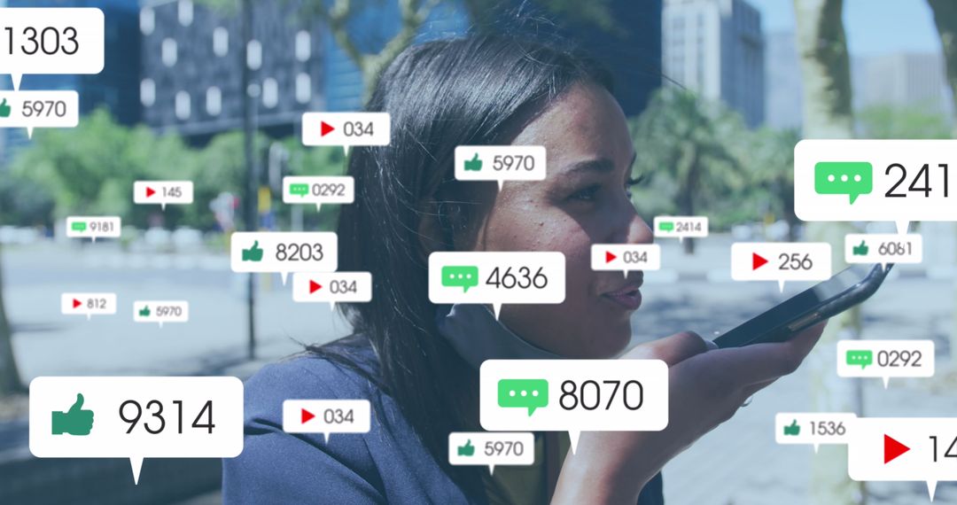 Woman Influencer Multitasking in Virtual Cityscape with Social Media Connections