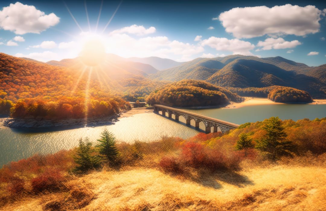 Panoramic Autumn Landscape with Bridge Over Serene Lake at Sunset - Free Images, Stock Photos and Pictures on Pikwizard.com