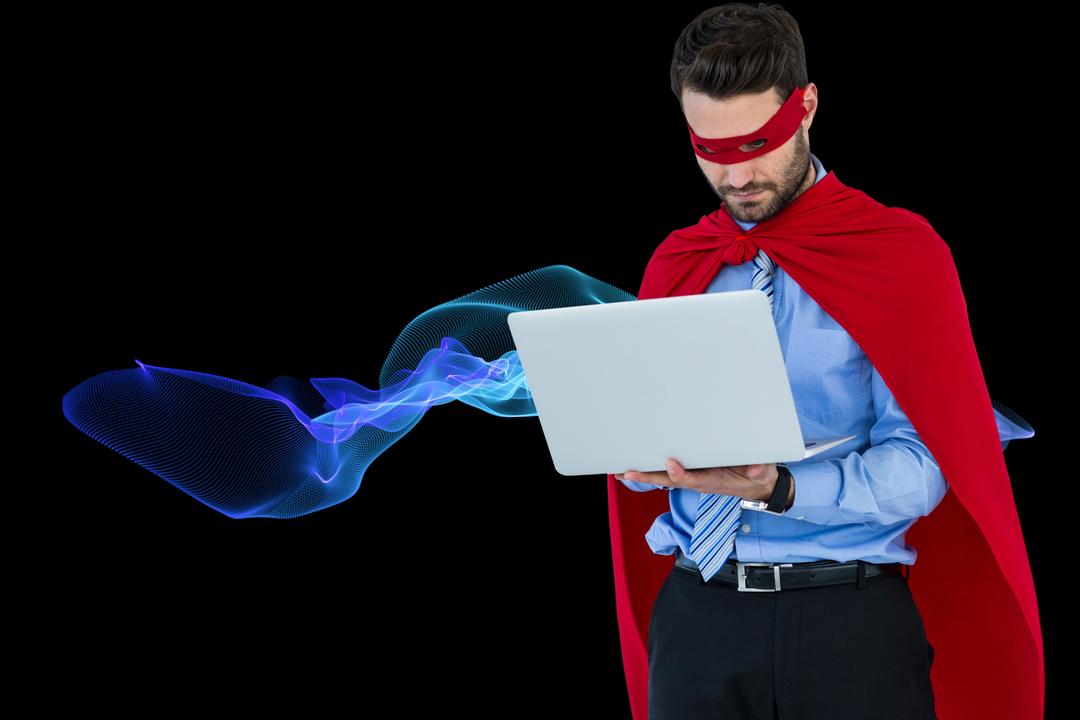 Digital composite image of businessman in super hero using laptop - Free Images, Stock Photos and Pictures on Pikwizard.com