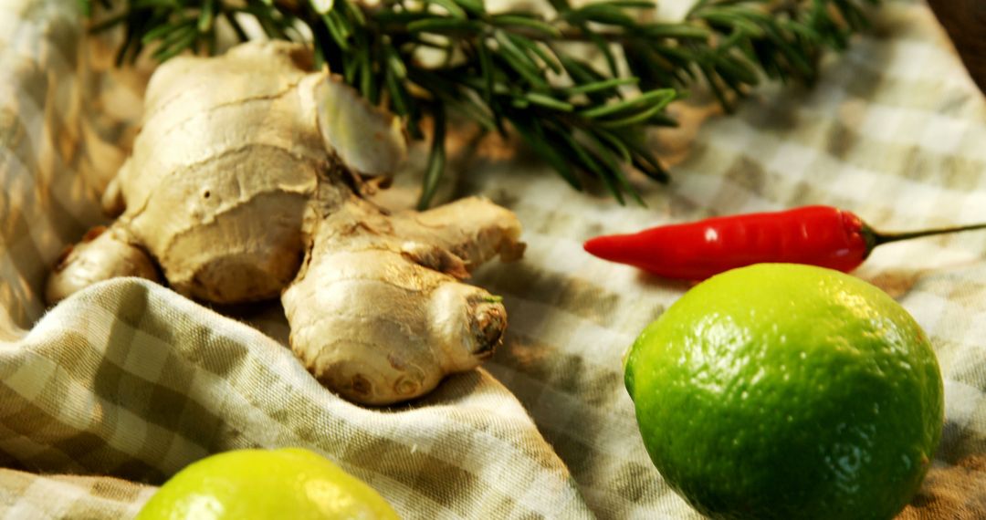 Rustic Kitchen Table with Ginger, Lime, and Chili Pepper - Free Images, Stock Photos and Pictures on Pikwizard.com