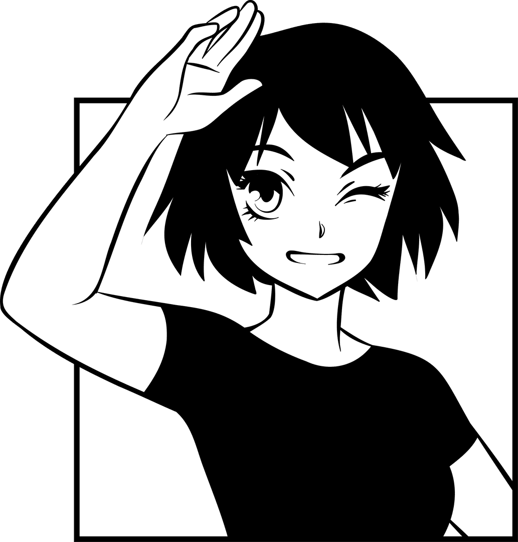 Anime Girl Saluting in Monochrome Minimalist Style on Transparent