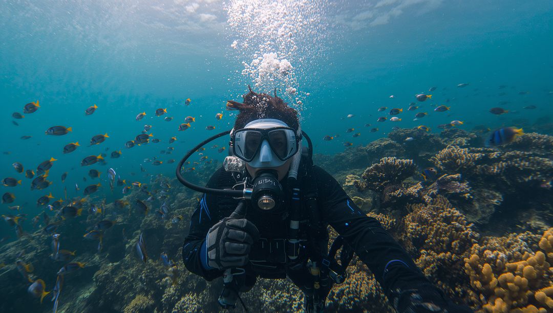 Scuba diver exploring vibrant coral reef in clear waters
