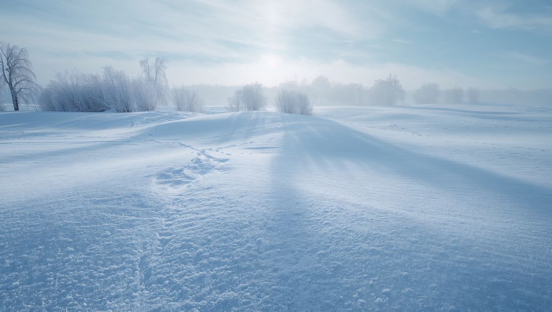 Sunlit winter meadow stretching to horizon with lone footprint trail and frosted trees