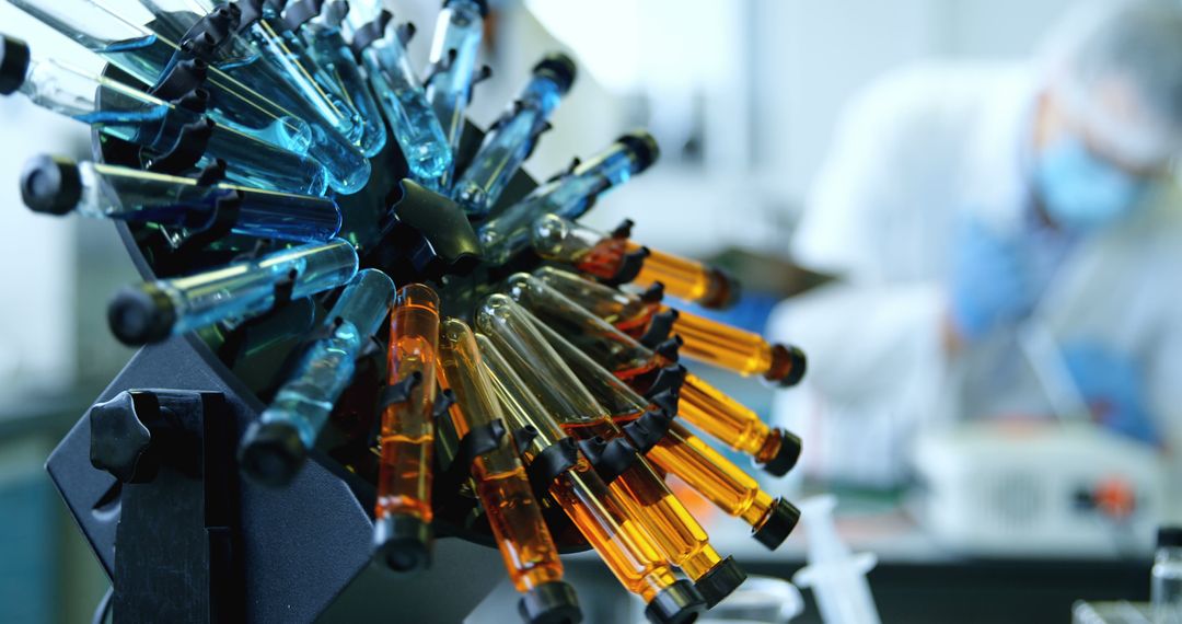 Colorful Test Tubes in Laboratory with Scientist Working in Background - Free Images, Stock Photos and Pictures on Pikwizard.com