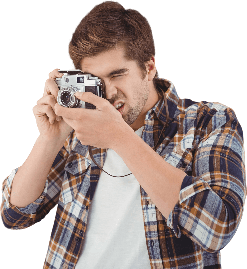 Transparent Male Hipster Using Vintage Camera in Casual Attire