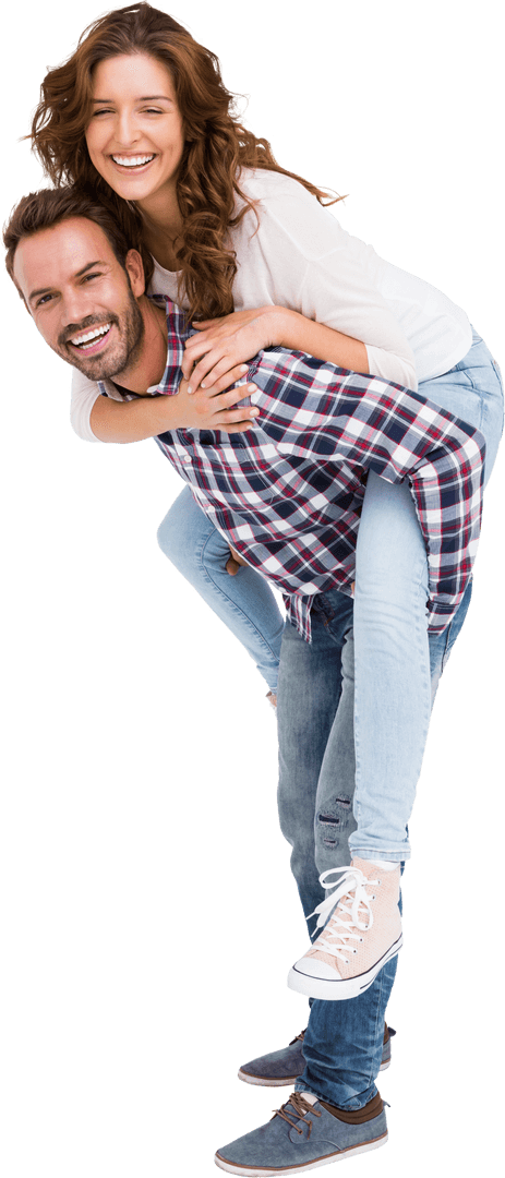 Joyful Couple in Playful Piggyback on Transparent Background
