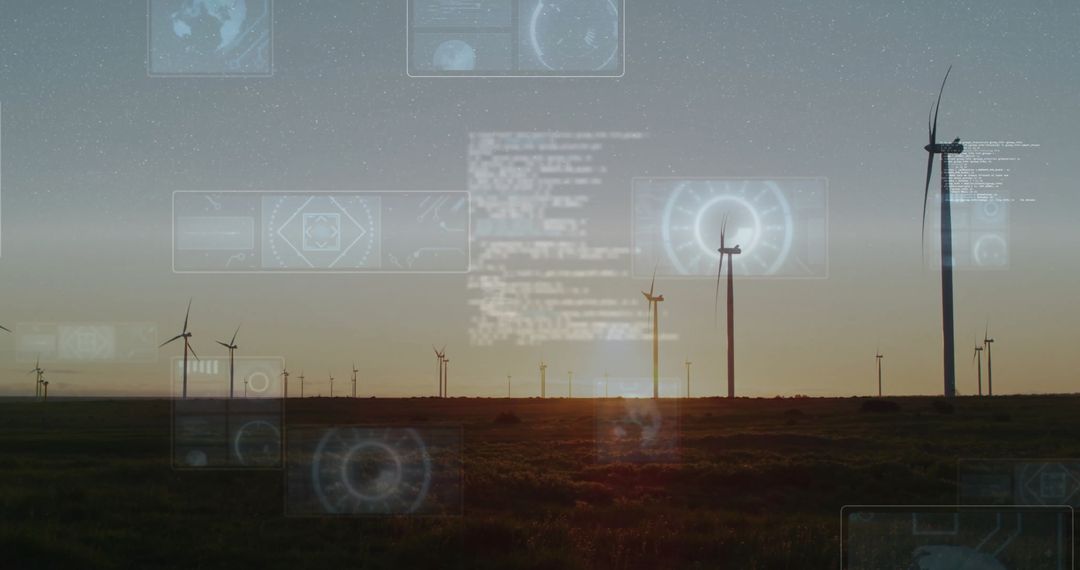 Wind Turbines and Futuristic Data Interface at Sunset