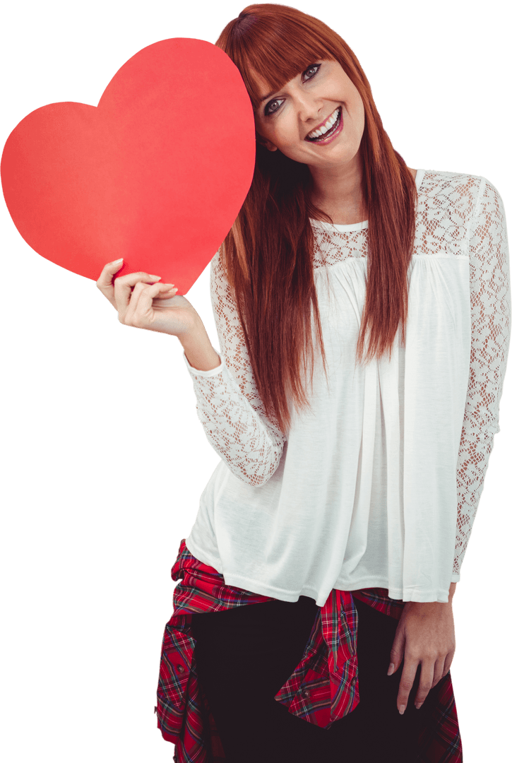 Happy Woman Holding Red Heart Smiling Cheerfully Transparent Background