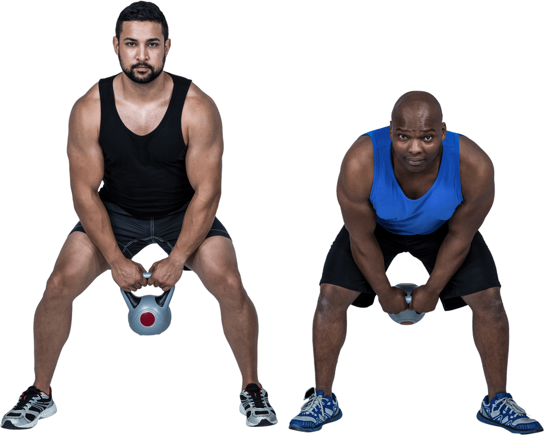 Diverse Men with Kettlebells in Transparent Background Fitness Session