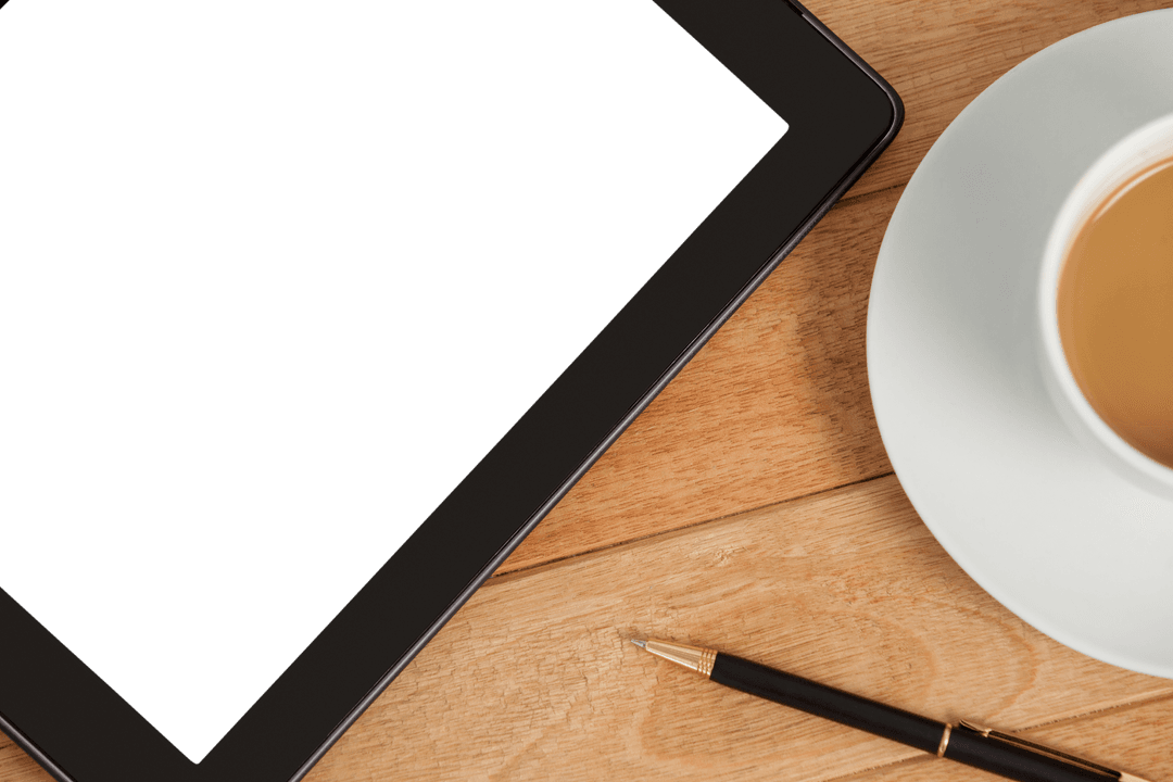 Transparent Tablet and Cup of Tea on Wooden Table Top View