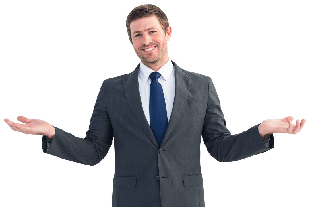 Smiling Businessman in Suit Holding Hands Wide Open Transparent Style