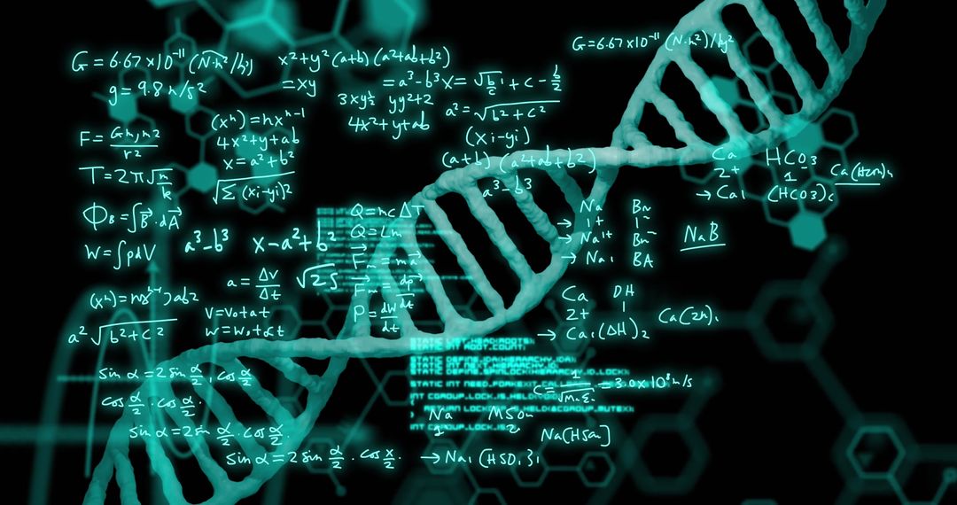 DNA Strand and Complex Scientific Formulas Intensely Overlapping