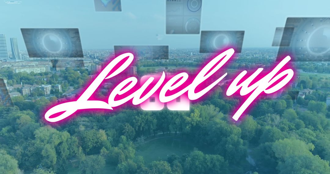 Futuristic Level Up Message Over Vibrant Cityscape