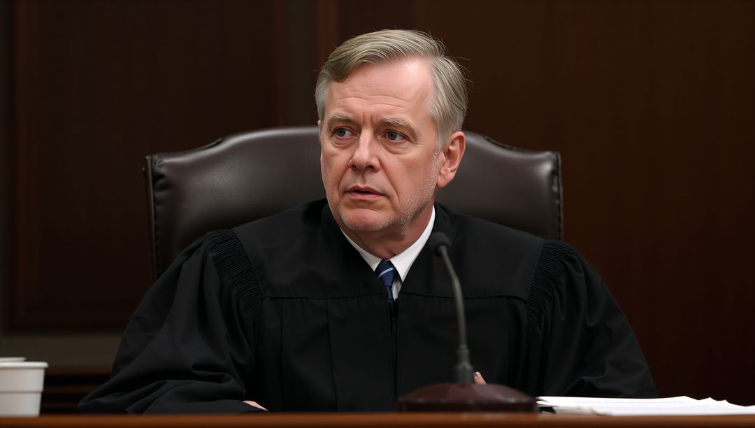 Senior Judge Listening at Court Bench Wearing Black Robe with Microphone and Documents