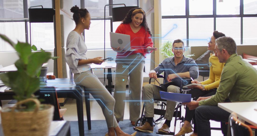 Startup Team Collaborating in Modern Office with Futuristic Digital Circuit Overlay