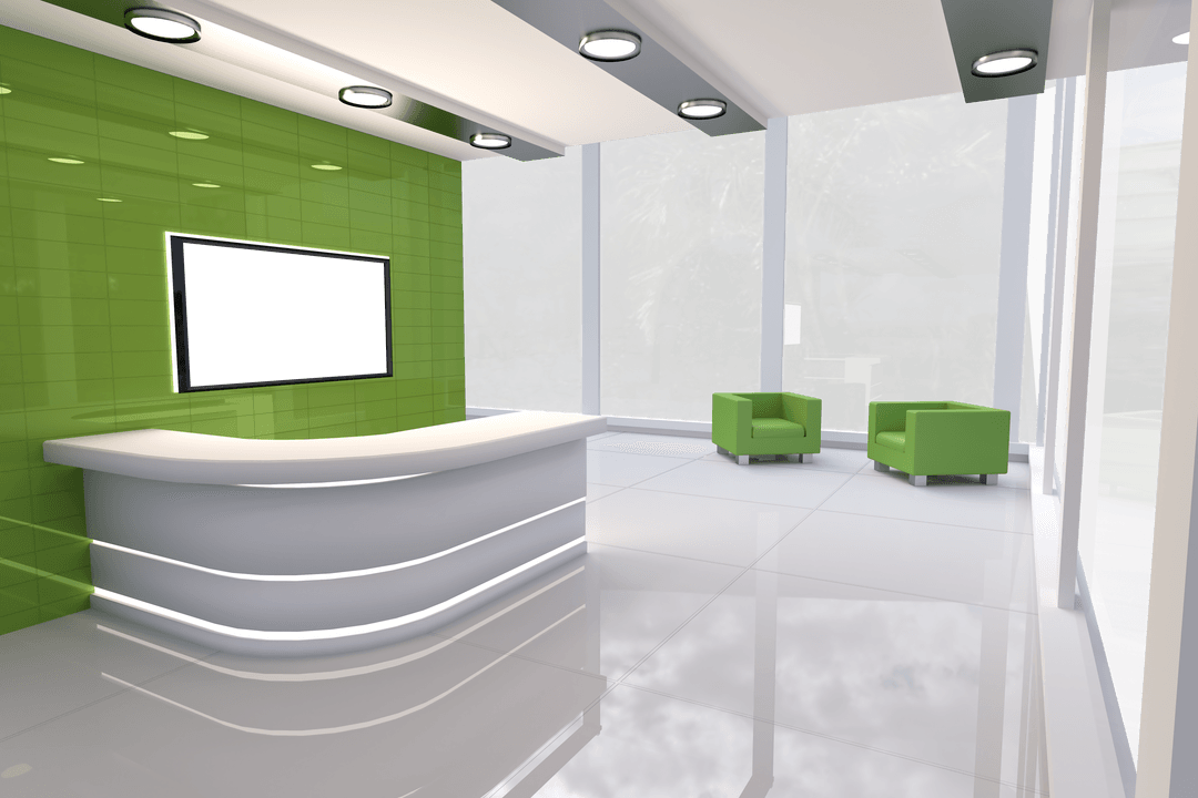 Transparent Reception Interior with Green Accents and Modern Design