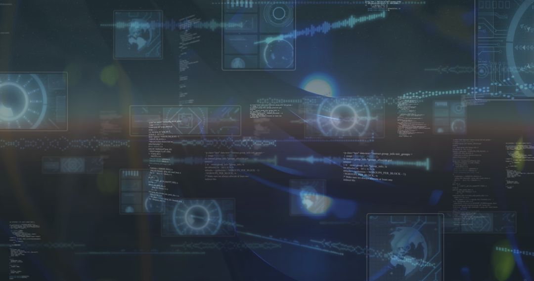 Futuristic Digital Interface Panels with Data Streams on Dark Background