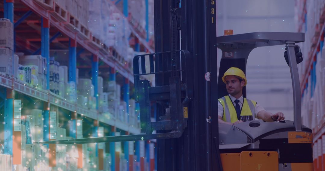 Warehouse Worker Operating Forklift Amidst Glowing Lights