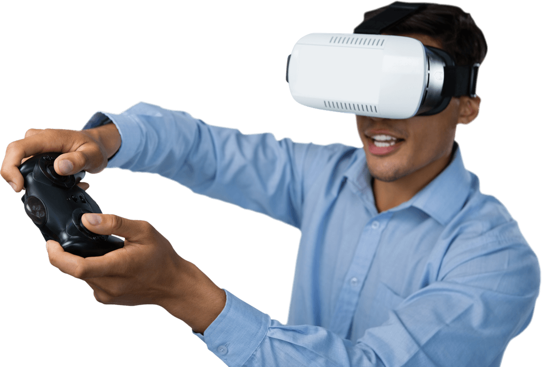 Transparent Background Businessman Playing VR Video Game Joyfully