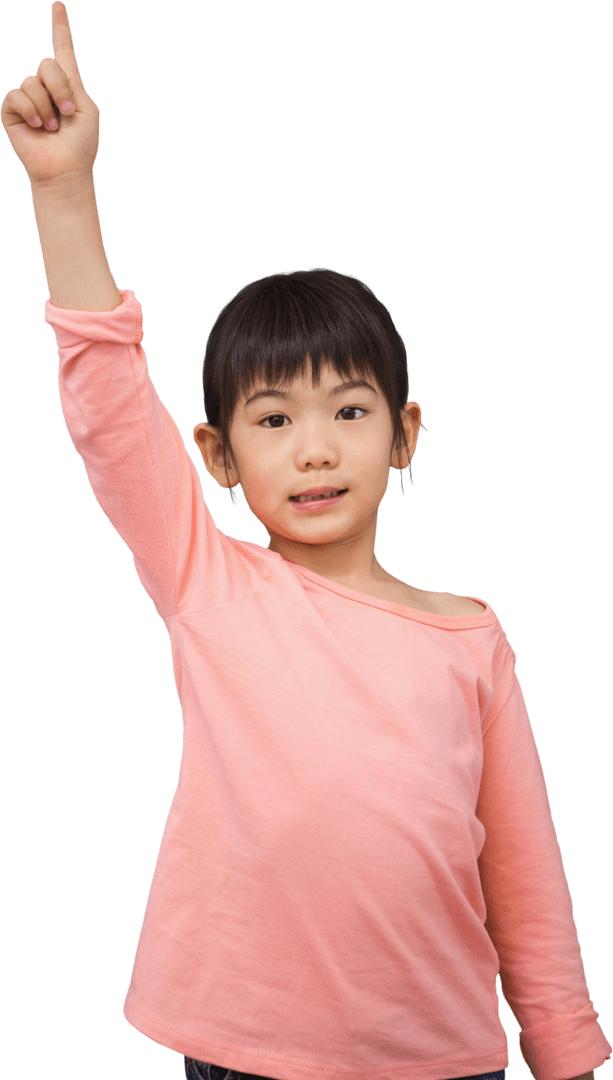 Happy Asian Girl Raising Arm on Transparent Background