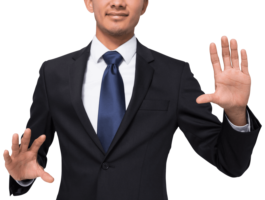Smiling Professional Businessman with Hands Raised on Transparent Background