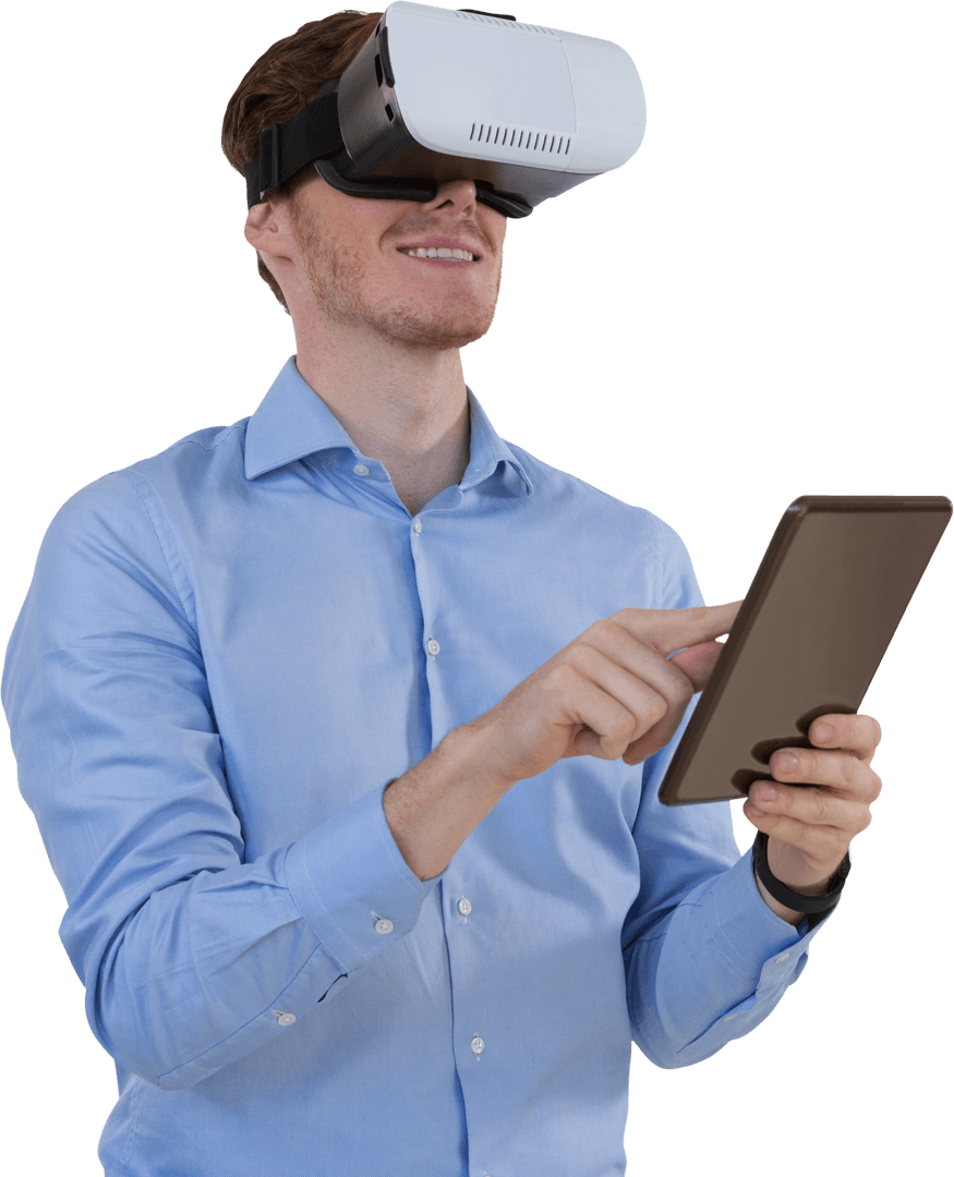 Businessman Using VR Headset and Tablet Transparent Background