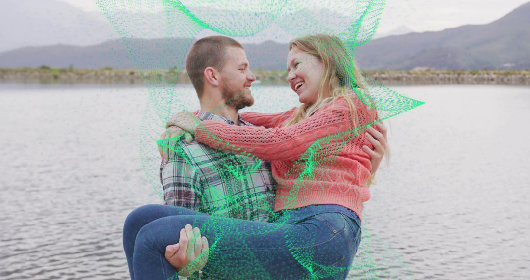 Couple Embracing by Lake Amid Serene Mountain Backdrop