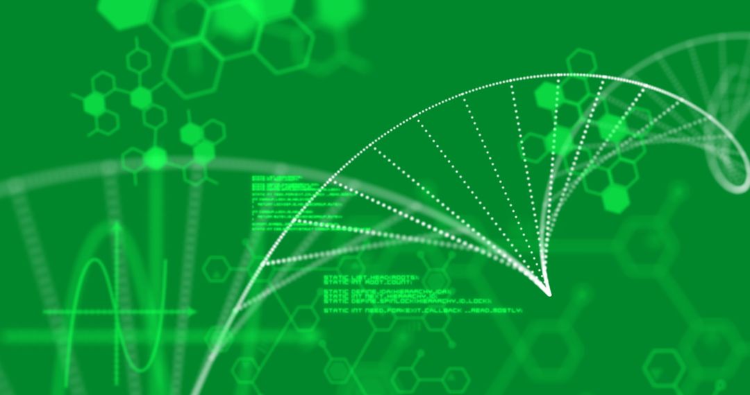 Abstract Digital Helix with Molecular and Code Elements on Green Background