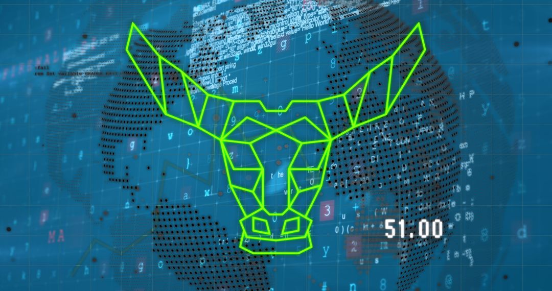 Digital Bull Head on Data Globe Background Representing Crypto Finance
