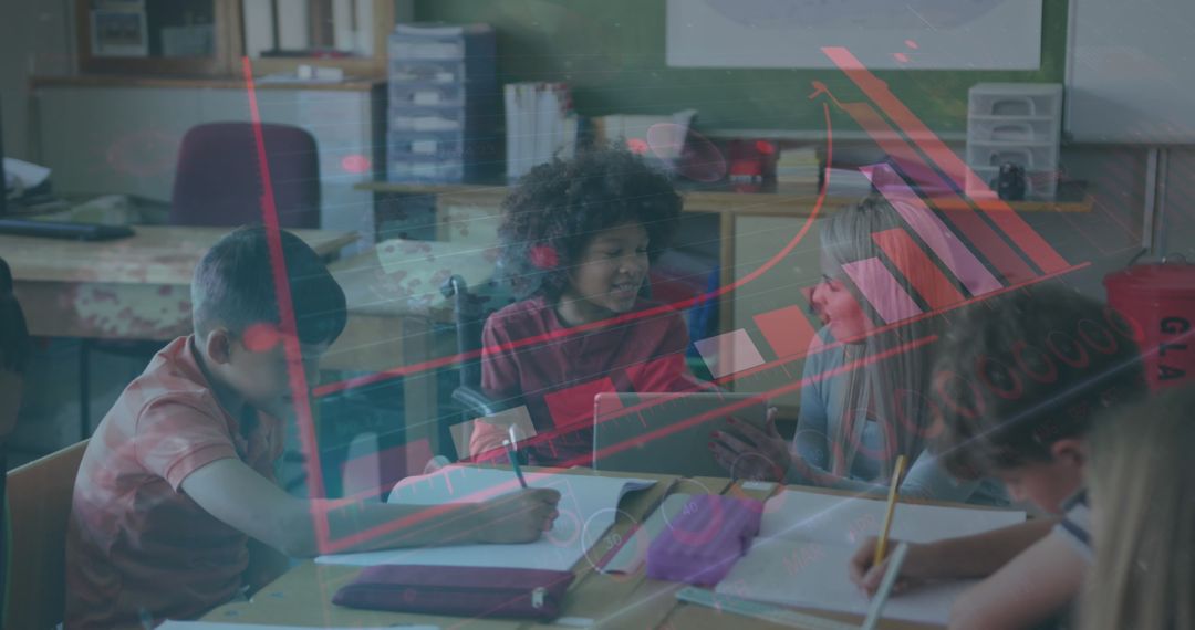 Children Collaborating in Classroom with Statistics Overlay Conceptual Learning