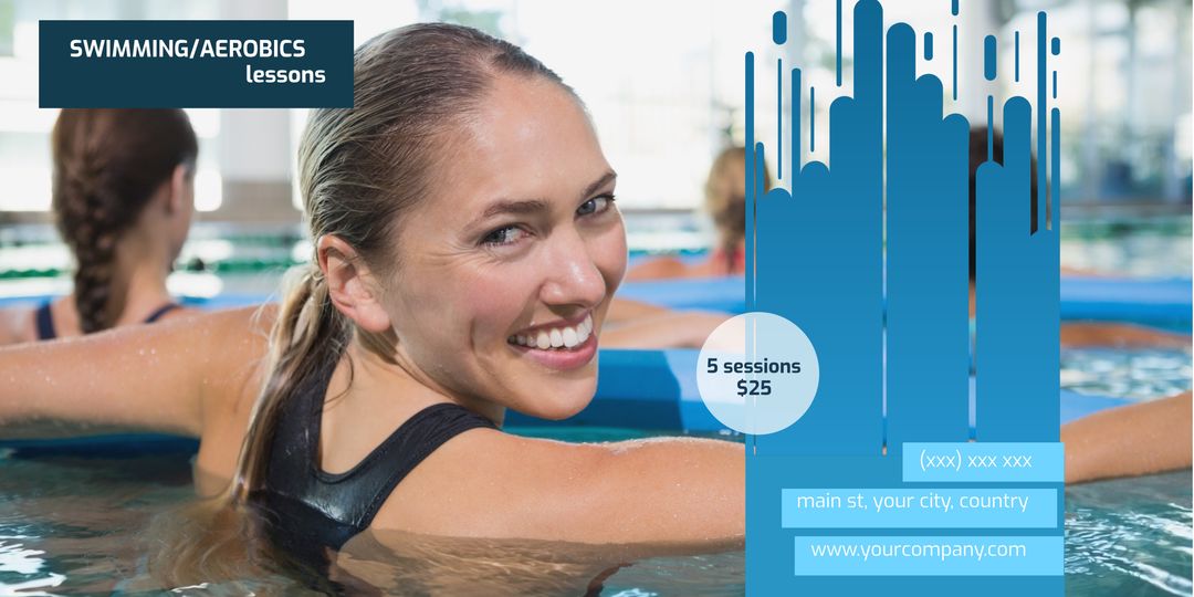 Happy Woman Promoting Aquatic Fitness Classes in Pool - Download Free Stock Templates Pikwizard.com