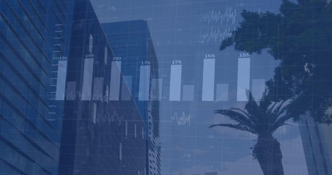 Financial Data Overlay and Modern Cityscape