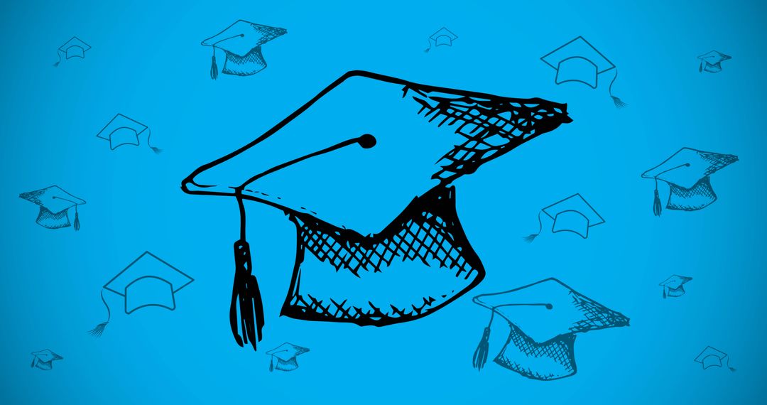 Dynamic Hand-Drawn Graduation Caps with Vibrant Blue Background