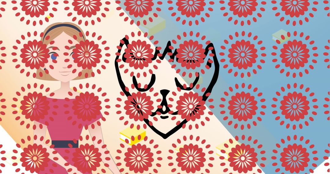 Woman on Beach with Floating Cat Face Pattern and Geometric Elements