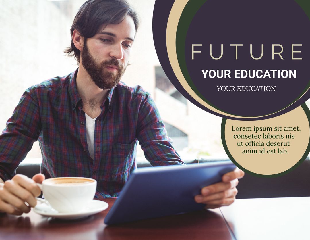 Young Professional Using Tablet in Cafe Reflects Lifelong Learning