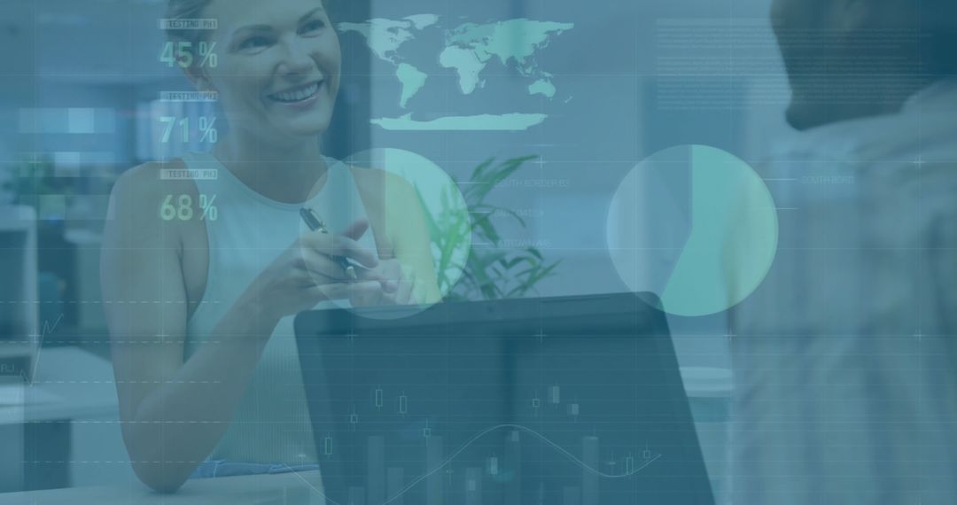 Smiling Businesswoman in Office with Digital Financial Interface