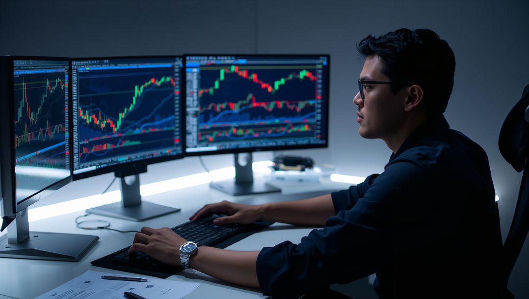 Asian Financial Analyst Monitors Market Data on Screens, Dark Office Setting
