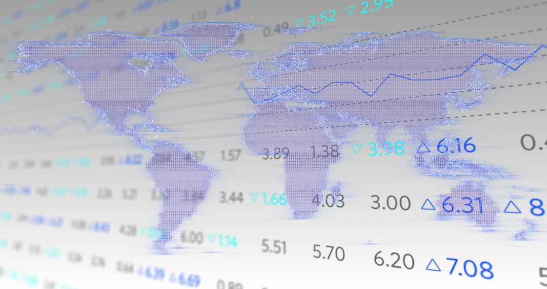 World Map with Stock Market Data Overlay and Digital Interface