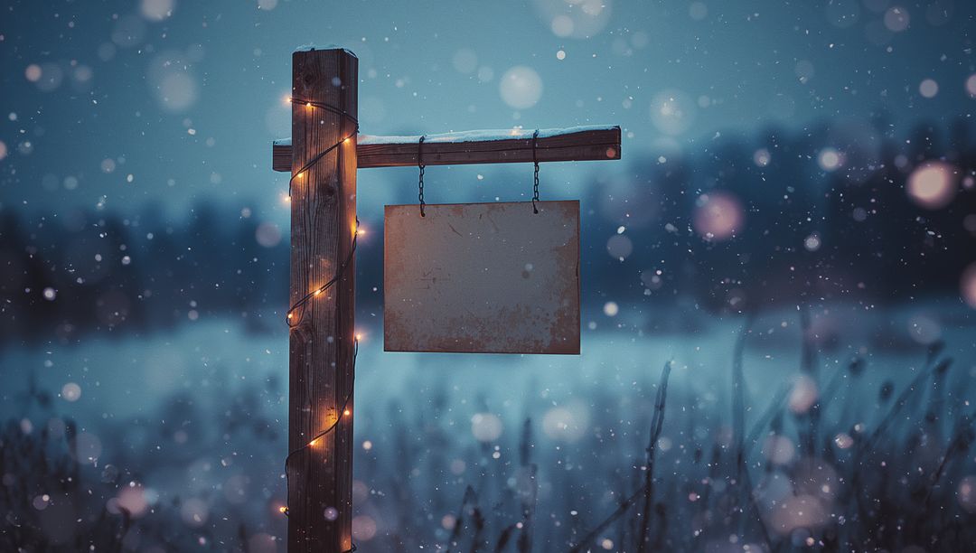Rustic Wooden Post with Blank Sign in Snowy Winter Field at Dusk