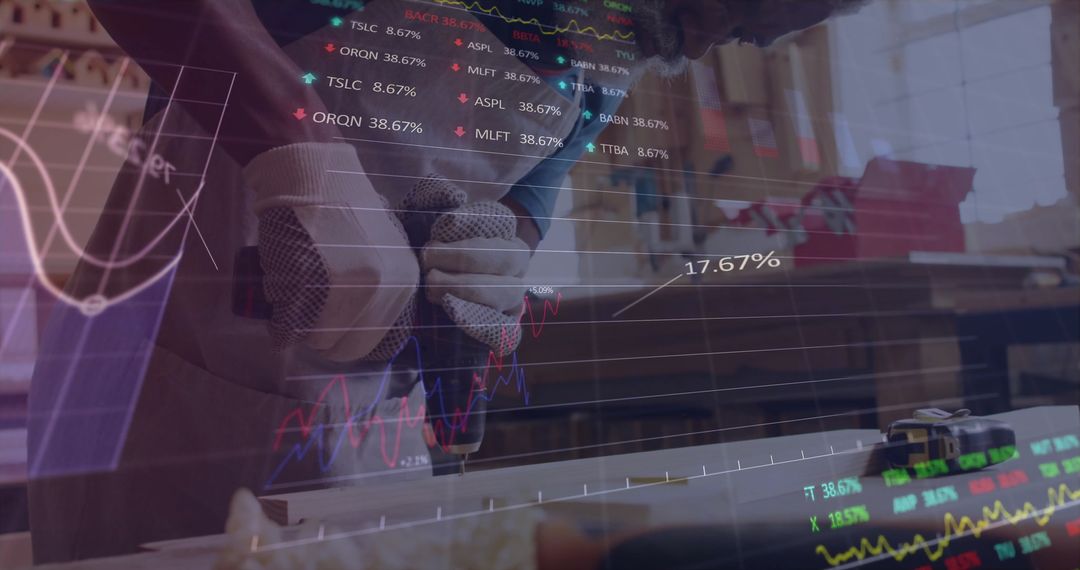 Craftsman Drilling Wood While Overlaid with Stock Trading Data