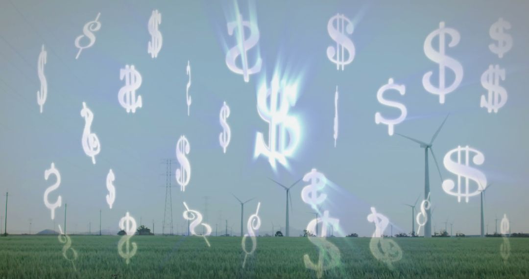Dollar Symbols Overlaying Wind Turbines in Sustainable Landscape