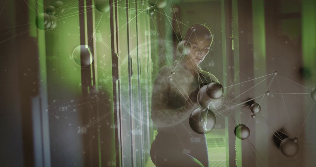 Standing Woman Interacting with Holographic Molecular Network in Neon Server Corridor