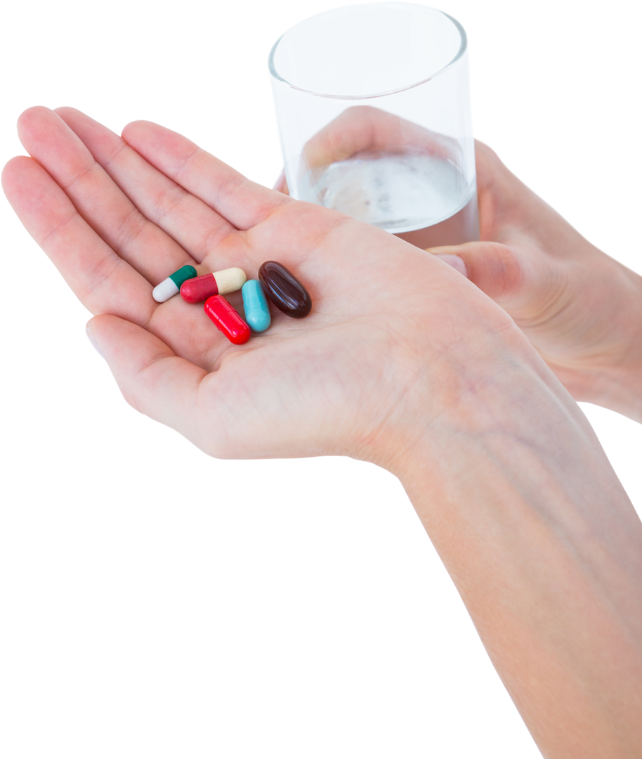 Woman Holding Batch of Pills and Glass of Water Against Transparent Background - Download Free Stock Images Pikwizard.com