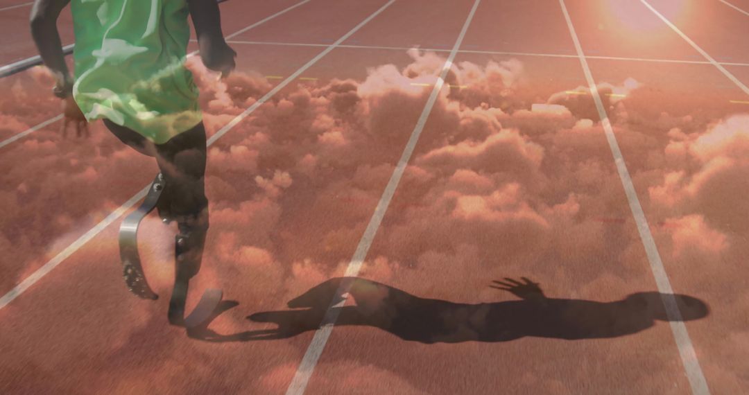 Dynamic Athlete with Prosthetic Blade on Running Track at Sunrise