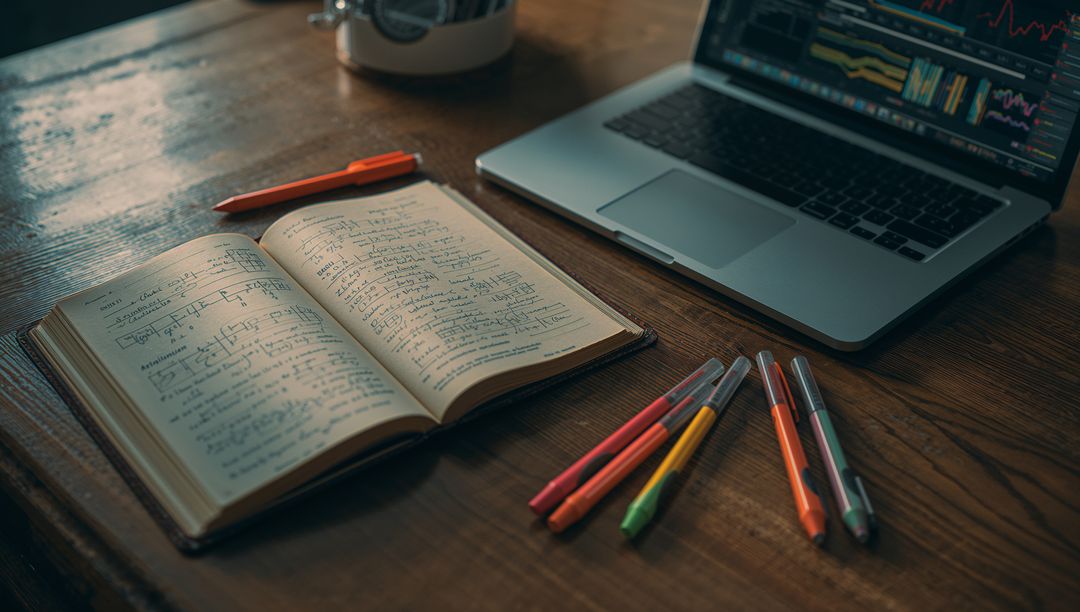 Creative Workspace with Open Notebook and Laptop