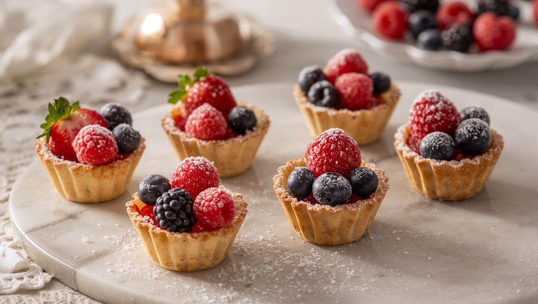 Assorted Berry Tartlets Dusting with Powdered Sugar on Marble Serving Board