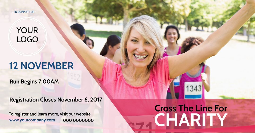 Joyful Woman Crossing Finish Line at Charity Run