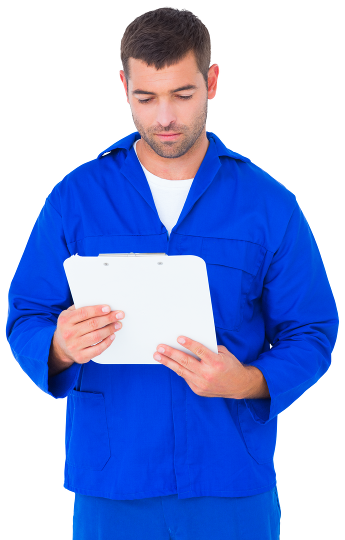 Transparent Image of Mechanic Reading Clipboard in Blue Uniform - Download Free Stock Images Pikwizard.com